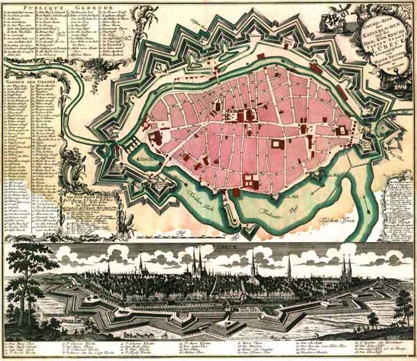 Stadtplan, Festungsanlagen und Panorama von Lübeck im späten 17. Jahrhundert.
